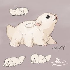 a drawing of a puppy sitting on the ground with other puppies laying around him