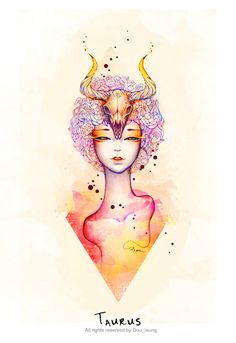 a woman's face with horns and flowers on her head, surrounded by stars