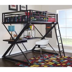 a loft bed with a desk underneath it in a room that has a rug on the floor