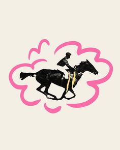 a man riding on the back of a horse in front of a pink flower design