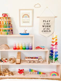 a child's play room with toys on shelves