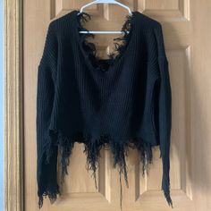 Never Worn (Was Too Big). Distressed Around Bottom Of Sweater And Sleeves. Oversized Off The Shoulder Fit. Size Medium But Fits As An L/Xl. Perfect For A Chilly Day. Distressed Outfit, Oversized Black Sweater, Cute Flirty, Distressed Sweater, Night Off, Distressed Sweaters, Ruffle Sweater, Black Ruffle, Goth Fashion