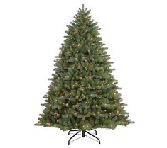 a christmas tree with white lights on it's branches and a black stand in front of a white background