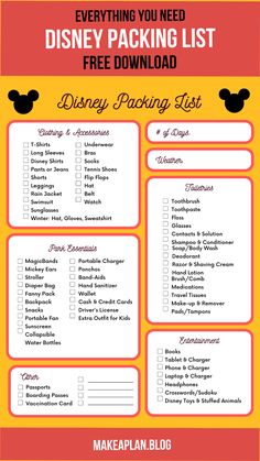 the disney packing list is shown in red and yellow