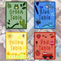 four different colored cards with pictures of food and words that say green table, yellow table, red table