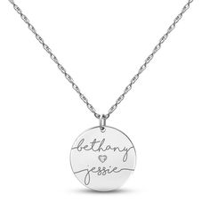 A sweet and romantic way to show your love, this couple's necklace features a 14K white gold disc customized with both of your names in an elegant script font. A single round diamond shines in a dainty heart design for a hint of sparkle. The pendant suspends from an 18-inch rope chain thats secures with a spring ring clasp. Engraved White Gold Name Necklace For Anniversary, Elegant Name Necklace With Engraving For Anniversary, Elegant Anniversary Name Necklace With Engraving Option, Personalized White Gold Name Necklace For Valentine's Day, Customizable White Gold Necklace For Anniversary, Valentine's Day Engraved White Gold Name Necklace, Name Necklace For Anniversary Gift, Engraved White Gold Name Necklace For Mother's Day, Elegant Name Necklace For Anniversary