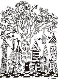 a black and white drawing of a tree with houses on it