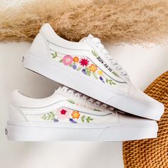 '' Custom Wedding Vans for Bride, Wedding Flowers Embroidered Sneaker, Bridal Flowers Embroidered Vans, Floral Embroidered Sneaker, Wedding Gifts'' 🍀 Price includes Converse Shoes and Floral Embroidery Designs as shown 🍀 🍀 Shoe Type: Vans 🍀 Shoe color:3. Oldskool White 1. DETAILS 🍀 You can send me your Converse, Vans, canvas shoes or I can buy them for you. Custom-ordered embroidered Vans and Converse shoes, please wait another 2-4 days. Each pair is hand embroidered to order, please make sure you put in the correct shoe size before you check out. The embroidery is meticulous and does not fade. 🍀 You will receive Vans and Converse shoes with floral embroidery designs as above. 2. PERSONAL EXPRESSION 🍀 Create your unique vibe by your own design of embroidery! In addition to the embro Embroidered Sneakers For Wedding, Spring Wedding Embroidered Sneakers, White Wedding Sneakers With Custom Embroidery, White Embroidered Closed Toe Wedding Shoes, Traditional White Embroidered Wedding Shoes, Sneaker Wedding, Vans Wedding, Sneakers Wedding, Wedding Vans