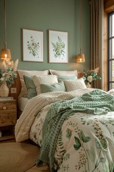 a bedroom with green walls and white bedding in the corner, two framed pictures on the wall