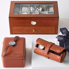 One of our most popular gifts, this functional watch roll keeps your favorite watches safe and protected at home or away. Thoughtfully designed to fit three watches on a padded removable cushion, it features a micro suede lining and a double snap closure. Add a foil debossed monogram for a personal touch.    6.75"w x 3"h; fits 3 watches plus cufflinks, collar stays or tie clips.  Polyurethane exterior with a micro suede lining; double snap closure.  Clean with a dry cloth.  Imported.  Monogrammi Travel Tech Organizer, Wooden Watch Box, Watch Safes, Gifts Men, Watch Roll, Watch Holder, Popular Gifts, Gift Business, Collar Stays