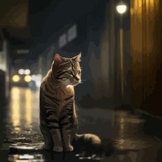 a cat is sitting on the ground in the rain looking at something off to the side