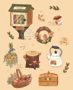 an image of various items that are on the wall in front of a basket and teapot