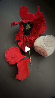 a red flower sitting on top of a table next to a jar of cream and an umbrella