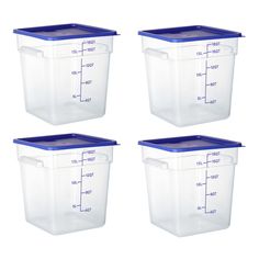 four plastic storage containers with measurements on them