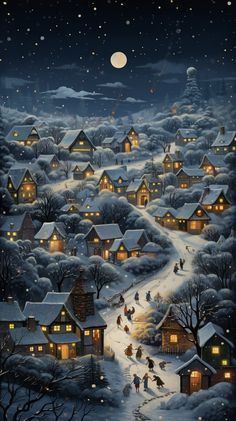 a painting of a snowy village at night with people skating and sledding in the snow