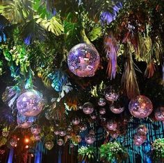 disco balls are hanging from the ceiling in front of trees and plants at a party