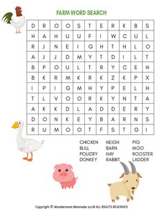 the farm word search is shown with animals and words to help kids learn how to read