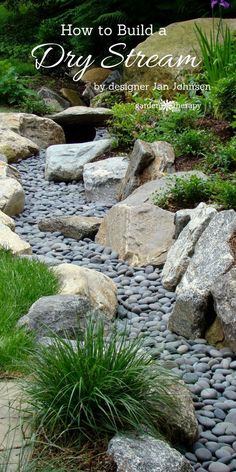 a garden with rocks and grass in the foreground text reads how to build a diy stream