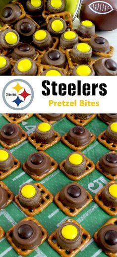 chocolate pretzel bites are arranged on a football field with the pittsburgh steeles logo