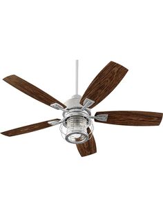 a white ceiling fan with two wooden blades and a glass bowl light on the blade