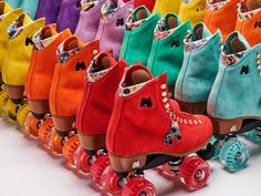 colorful roller skates lined up in a row