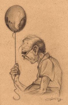 a drawing of a man holding a balloon