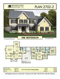 the jefferson floor plan is shown in two different colors and features an open floor plan with three