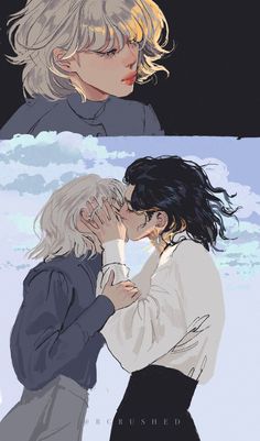 two anime characters kissing each other in front of a black background with clouds and blue sky