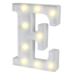 the letter e is lit up with lights on it's sides and sits in front of a white background