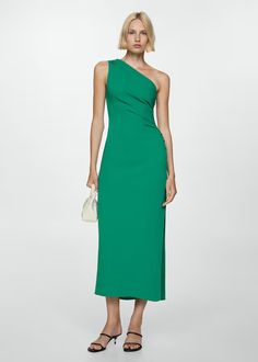 Asymmetrical dress with draped details - Women | MANGO USA Midi Design, Shaved Design, Asymmetric Dress, Asymmetric Neckline, Tailored Design, Tailored Dress, Long Jumpsuits, Strap Dress, Asymmetrical Dress