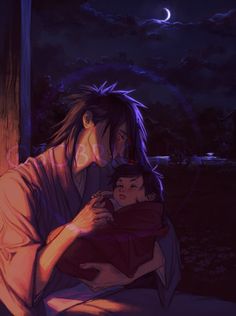 an image of a man holding a child in his lap at night with the moon behind him