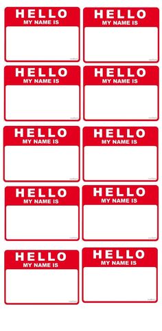 six red and white name tags with the words hello my name is