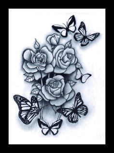 a drawing of roses and butterflies on a white background