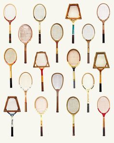 many different types of tennis racquets on a white background