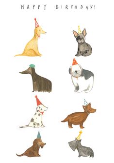 a birthday card with dogs wearing party hats and the words happy birthday written on it