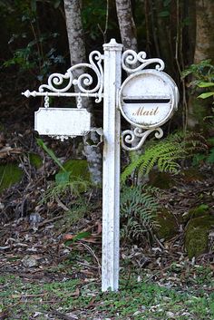 an old white mailbox sitting in the middle of a forest with trees behind it