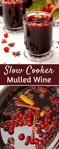 slow cooker mulled wine with cranberries and cinnamon sticks in the middle