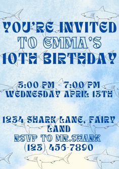 a blue and white birthday party flyer with shark silhouettes on the side, in front of a sky background