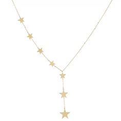 Gold Graduated Star Drop Lariat Y Necklace, Dainty Gold Necklace, Star Necklace, Gold Lariat, Gold Y Drop Necklace Rock this stunning gold vermeil multi star drop lariat necklace any day or night! Made up of 8 solid gold vermeil stars in a graduated pattern. Star sizes range from 7mm to 11mm. 14k Gold Plating over 925 Sterling Silver. No harsh chemicals. Hypoallergenic. Star-shaped Lariat Necklace With Adjustable Chain As Gift, Gold Lariat Necklace With Star Charm, Lariat Necklace With Star Charm For Gift, Gift Lariat Necklace With Star Charm, Necklace Star, Star Necklace Gold, Small Bracelets, Y Necklace, Jewelry Accessories Ideas