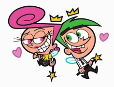 two cartoon characters with crowns on their heads and stars in the air, one has his mouth open