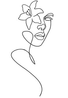 a black and white drawing of a woman's face with flowers on her head