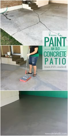 a woman is cleaning the concrete with a mop and spray on her patio floor