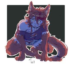 a drawing of a cat with blue eyes and red hair sitting on the ground next to a