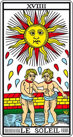 a tarot card with two women holding hands in front of a sun above them