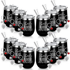 six black wine tumblers with red hearts and the words eat sleep laugh be merry on them