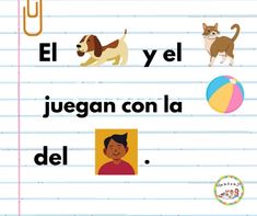 the words in spanish are written on lined paper with pictures of dogs, cats and people