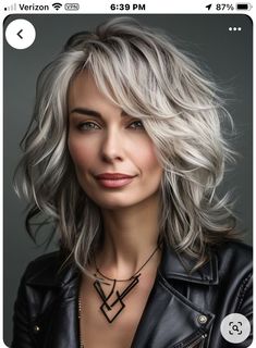 Dark Highlights On Gray Hair, Highlights For Silver Hair, Shag Gray Hairstyles, Hair Color Ideas For White Hair, Gray Hair Color Ideas Over 50, Best Hair Color For Graying Hair Over 50, Highlights With Grey Hair, Very Layered Hair Medium Over 50 2024, Silver And Blonde Hair