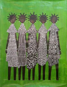 three black women standing in front of a green background with white designs on the sides