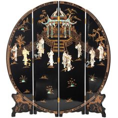 This stunningly unique round screen is hand-painted and hand-lacquered, and made of heavy, durable Elm wood. It features an exotic ladies in courtyard scene made of hand carved Mother-of-Pearl. The black background is hand-painted with gold landscape designs, and finished in a rich Chinese lacquer. Exotic Paintings, Chinese Room Divider, Round Room, Gold Landscape, Chinese Screen, Chinese Lacquer, Floor Screen, 4 Panel Room Divider, Hanging Room Dividers