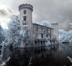 an image of a castle in the middle of some water with trees and bushes around it